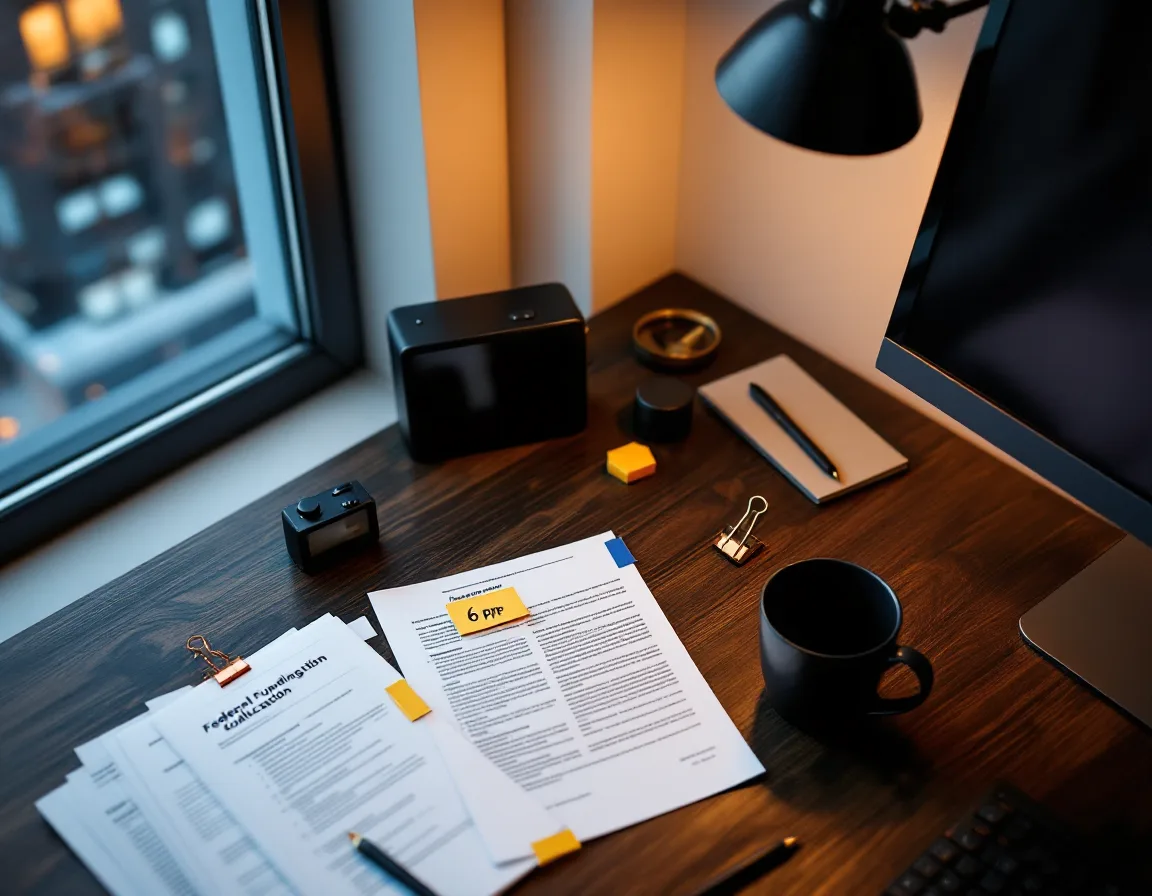 A dawn-lit writing desk with a printed funding solicitation flagged in copper, a sticky note marking the page limit on the monitor, a pencil, a timer and coffee