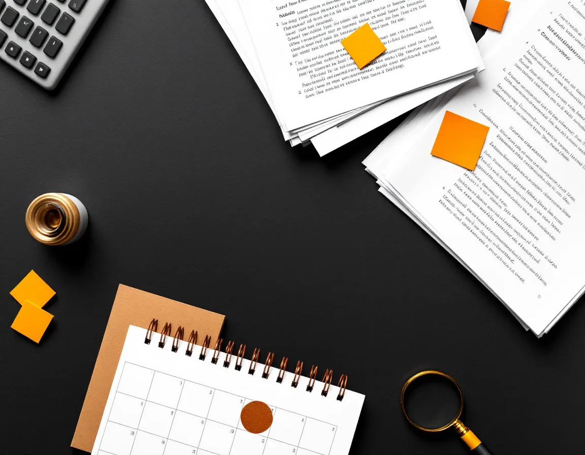 Flat-lay of fanned solicitation printouts with copper flags, a highlighter, a loupe and a circled calendar date