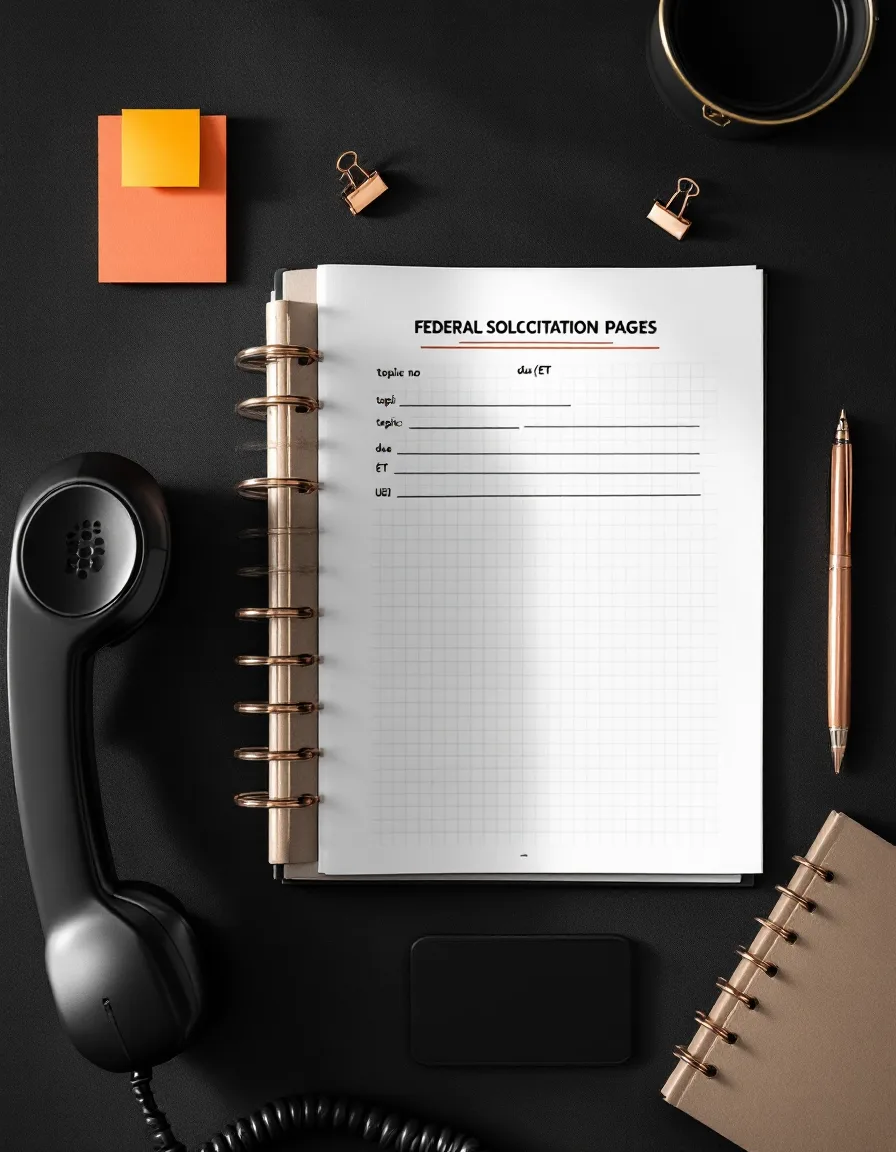Overhead flat-lay of a desk phone, an open call sheet with handwritten headings, a solicitation page with a circled due date, a copper pen and a 45-minute desk timer